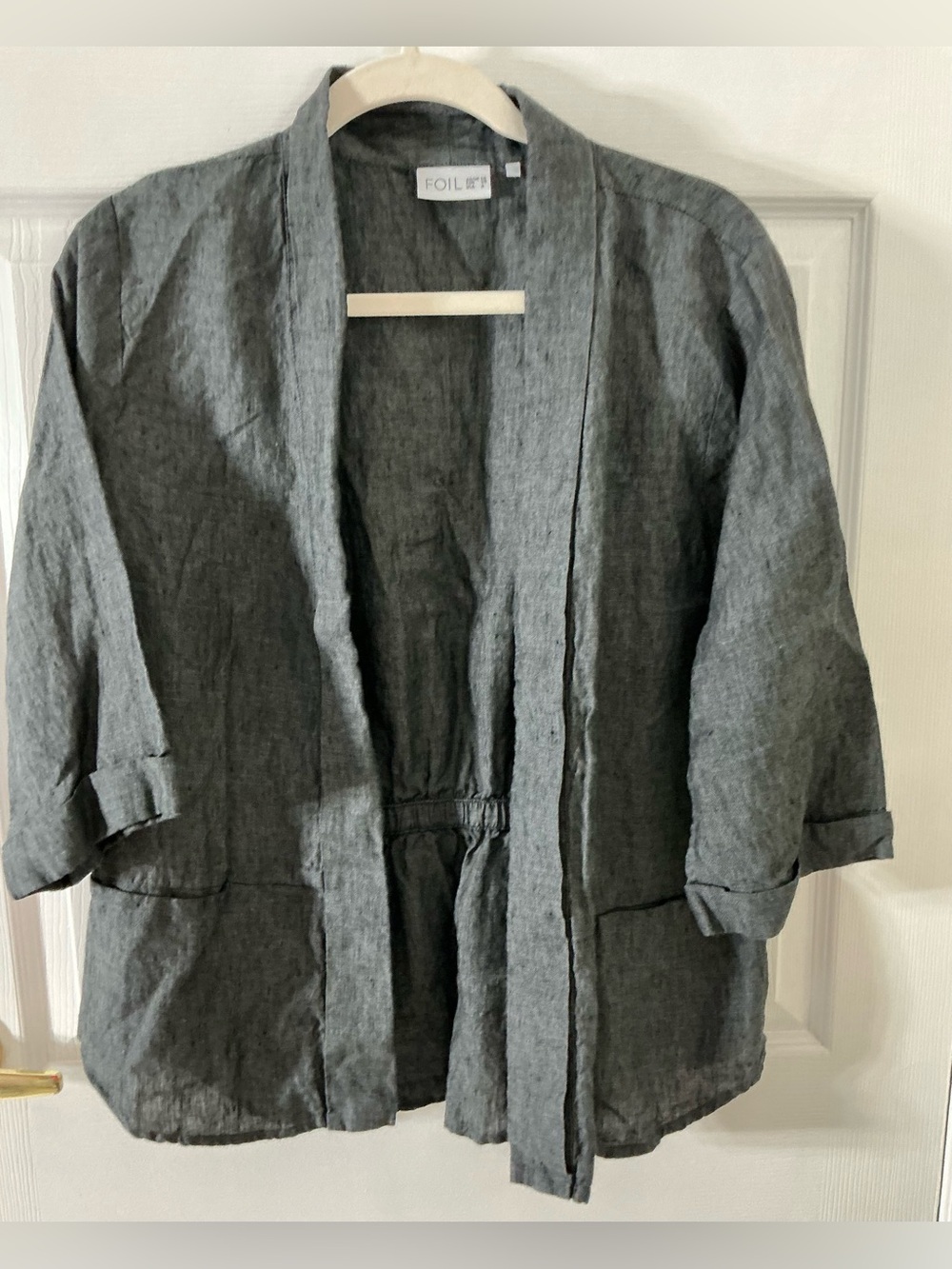 FOIL 100% Linen Open Front Cardigan Jacket Charcoal Gray US 6 Like New